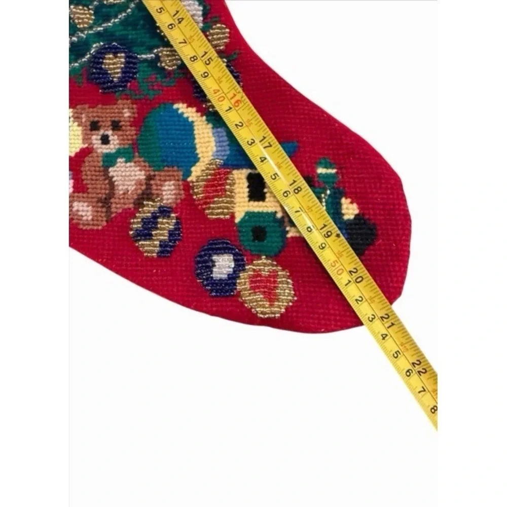 VTG Needlepoint Christmas‎ Stocking Glass Beaded Train Tree Gifts Wool Velvet